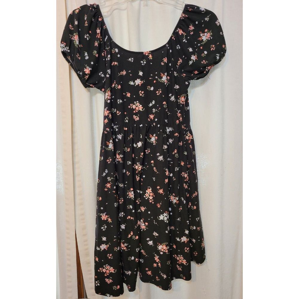 No Boundaries Floral Dress Womens L Black Pink High Low Puff Sleeve Excellent